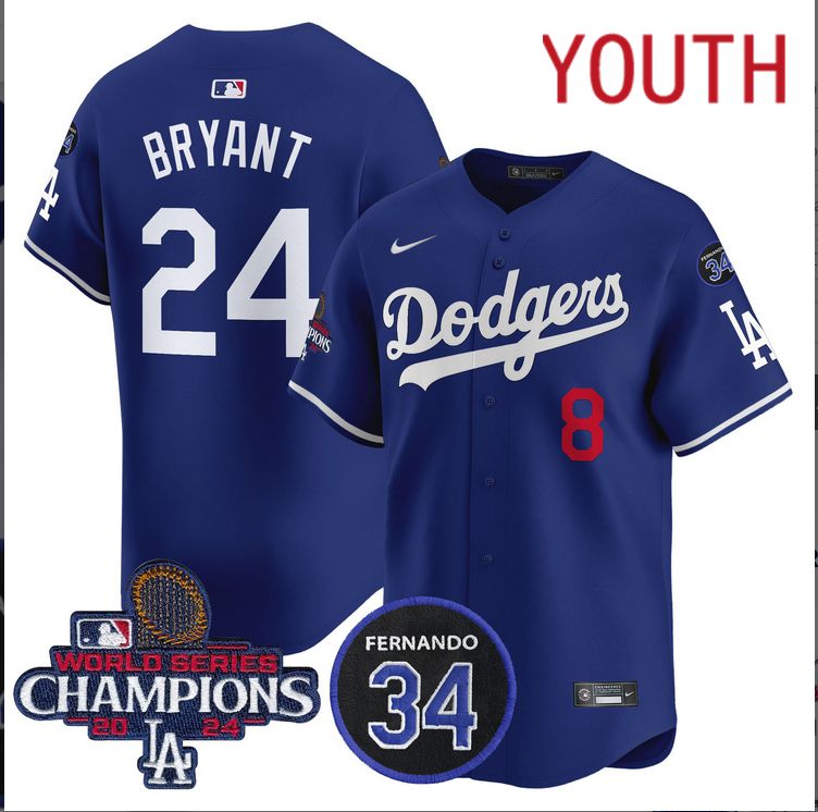 Youth MLB Los Angeles Dodgers #24 Bryant blue 2024 World Series Champions Patch Limited Jersey->youth mlb jersey->Youth Jersey
